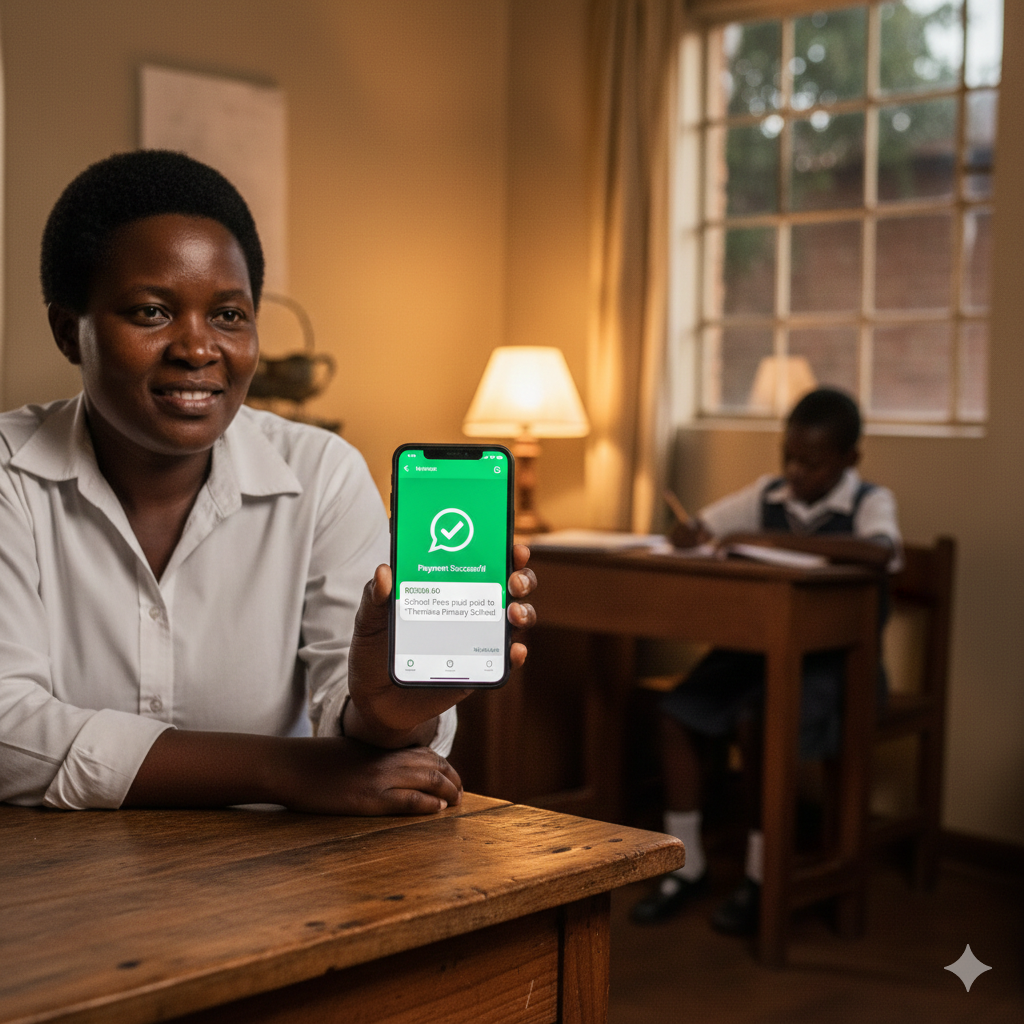 Parent paying school fees via WhatsApp on mobile phone